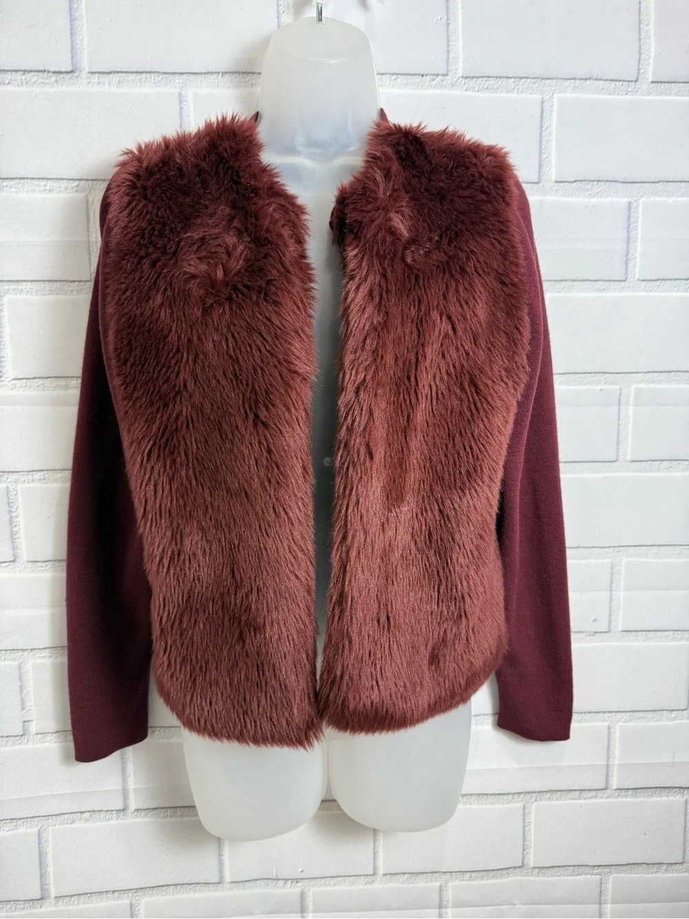 Banana Republic Burgundy Faux Fur Cardigan Jacket Size S Cozy Chic